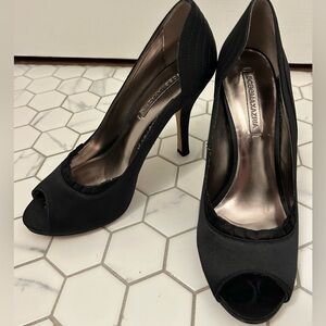 BCBG Black Satin Peep-Toe Pumps, Sz 7.5